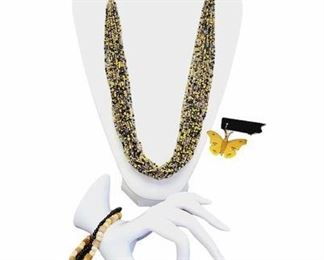 Bumblee Bee Seed Bead Necklace Butterfly Leather Earrings and 2 Bracelets