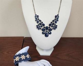 Charming Charlie Blue BIb Statement Necklace with Wooden Flower Bracelet 