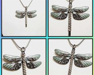 Dragonfly Necklace Green Enamel with Rhinestones 