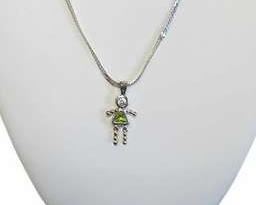 Girl Pendant with Green Stone and Sterling Herringbone Necklace