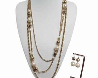Long Goldtone Pearl Necklace and Earrings Beautiful Set