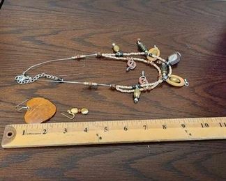 Okinawa Double Strand Wood Necklace with Beads Wood Heart Earrings  Drop Earrings