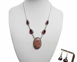 Red Jasper Necklace with Earrings Sterling Silver