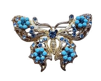 SP WLIND Butterfly Brooch With Blue Rhinestones