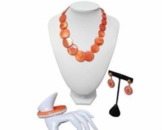 Vintage Orange Mother of Pearl MOP Disk Necklace Cuff Bracelet  Earrings