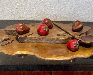French Lesson 10 Strawberries With Painted Chocolate Bronze 2 Of 15 By Darlis Lamb On Black Marble Base