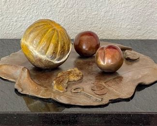 French Lesson 8 Peeled Orange With Two Plums Bronze 2 Of 15 By Darlis Lamb On Black Marble Base