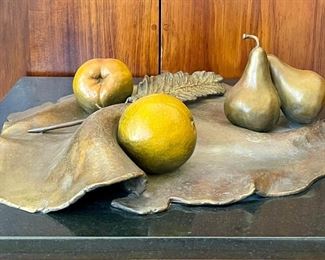 French Lesson 2 Orange Peach Pears And Pen With Clothe Bronze 4 Of 15 By Darlis Lamb On Black Marble Base