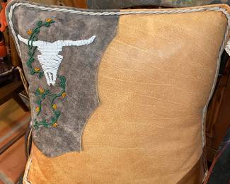 Leather pillow, hand beaded and handstitched 