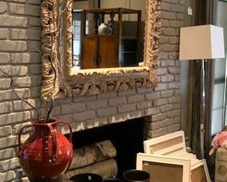 Framed bevel mirror, picture frames, decorative items