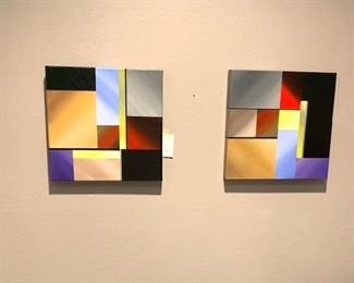 Unframed geometric diptych, indecipherable signature