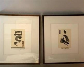 Pair of framed ink with collage diptych