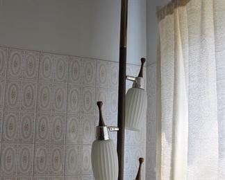 MCM mid century modern retro vintage tension pole floor lamp danish style milk glass 3 light