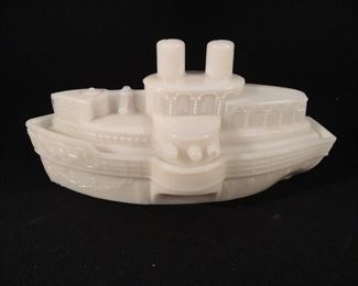 Pair of Antique EAPG Covered Milk Glass Mustard Dishes of the Battleship Maine