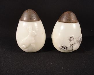 Antique Pair of EAPG Milk Glass Rabbit and Chicken Pattern Salt and Pepper Shakers