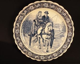 Large Vintage Delft Wall Charger Plate - Horse & Carriage - 16 Inches