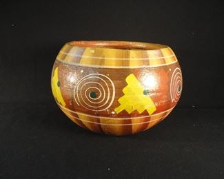 Vintage Mexican Flower Pot with Colorful Sun and Pyramid Symbols