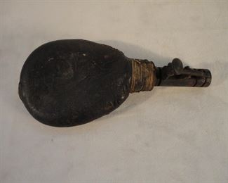 Antique American Cap Civil War Era Hunting Dog Black Powder Leather Shot Pouch Flask 
