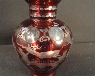 Antique Bohemian Glass Cranberry Cut to Clear Vase with Elk
