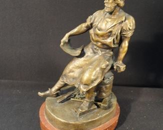 Antique Rene Gewso Bronze Figure, Second Half 19th C., Sitting Blacksmith

