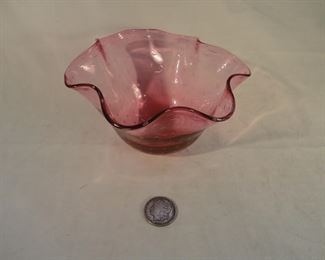 Vintage Signed Adam Jablonski Cranberry Controlled Bubble Art Glass Bowl.
