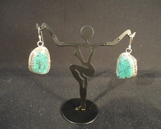 Vintage Pair of Navajo Sterling Silver and Turquoise Earrings by Clarence Bailon Santo Domingo