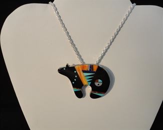 Vintage Zuni Ginger Trujillo Sterling Silver Medicinal Bear Pendant - Pin with Sterling Chain