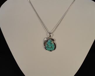 Vintage Navajo Calvin Tom Signed Turquoise Sterling Silver Necklace