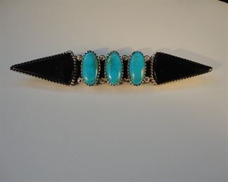 Vintage Navajo Large Signed Turquoise and Apache Tear Obsidian Bar Pin