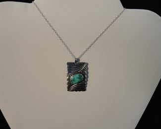 Vintage Navajo Turquoise Sterling Silver Rectangular Pendant and Chain