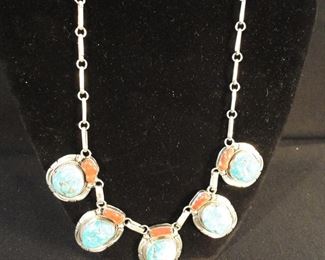 Vintage Navajo Val Tsosie Signed Turquoise and Coral Sterling Silver Necklace