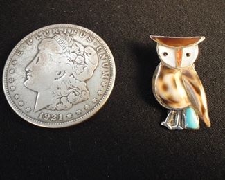 Vintage Zuni Sterling Multiple Shell and Turquoise Stone Owl Pendant - Pin