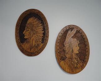 Pair of Vintage Flemish Art Native American Large Wall Plaques.
