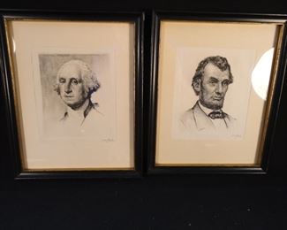Vintage Pair of Signed William Pech Etchings - George Washington and Abraham Lincoln