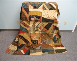 Antique Victorian Era Hand Stitched Crazy Quilt Topper - 77 x 66