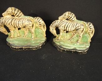 Antique Pair of Original Paint Cast Iron Zebra Bookends