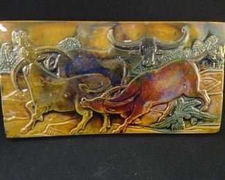 Large Vintage High Glaze Ceramic Tile of (3) Texas Longhorns Frolicking