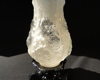 Large Antique Victorian Frosted White Vase on Tiffin Black Dolphin Base