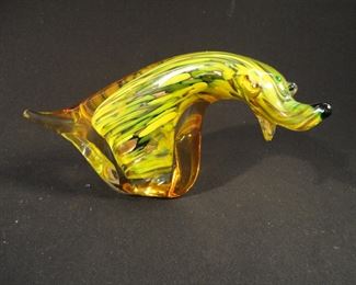 Vintage Murano Art Glass Bear Figurine - Green Yellow and Gold Flake - MCM