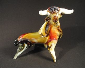 Vintage Murano Art Glass Bull Figurine - Red, White, Black and Amber Glass