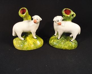 Pair of Antique Ram and Ewe Spill Vases - Staffordshire Ware Kent, England