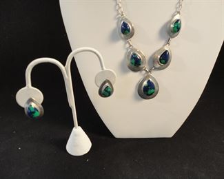 Vintage Rex Abeita Navajo Blue Green Azurite in Sterling Silver Necklace & Earrings