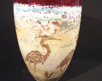 Paul Bendzunas Signed Studio Art Glass Vase Crane Heron.