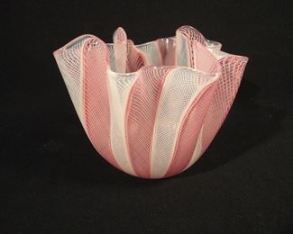 1950's Venini Pink and White Latticino Fulvio Bianconi Fazzoletto Murano Vase, Italy