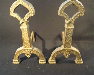 Vintage Keyhole Cast Iron Dimpled Deco Fireplace Andirons - Firedogs