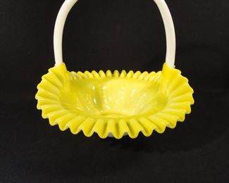Vintage Large Fenton Yellow Milk Glass Overlay Hobnail Melon Basket - 10 1/2" diameter.