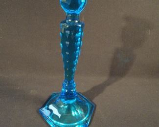 Fenton Art Glass Cut Ovals Sapphire Blue Candlestick- 10 1/2" RARE.
