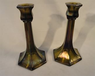 Northwood Six Five Seven (657) Carnival Glass Candlesticks - 8 1/2" 