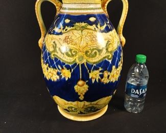 Antique Large English Blue Majolica Covered Urn.