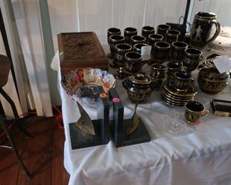 bookends,  another  view  of  Grecian  china  set  and  glasses